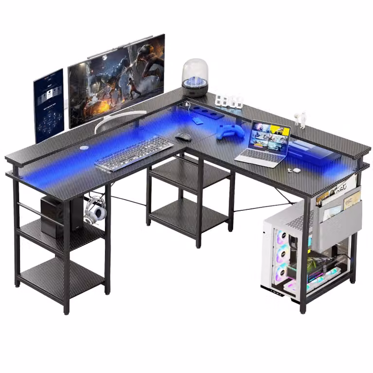 Tavolo da gioco ZELURXX a forma di L con illuminazione LED RGB, con borsa, supporto per doppio monitor, supporto per cuffie e prese, modello nero