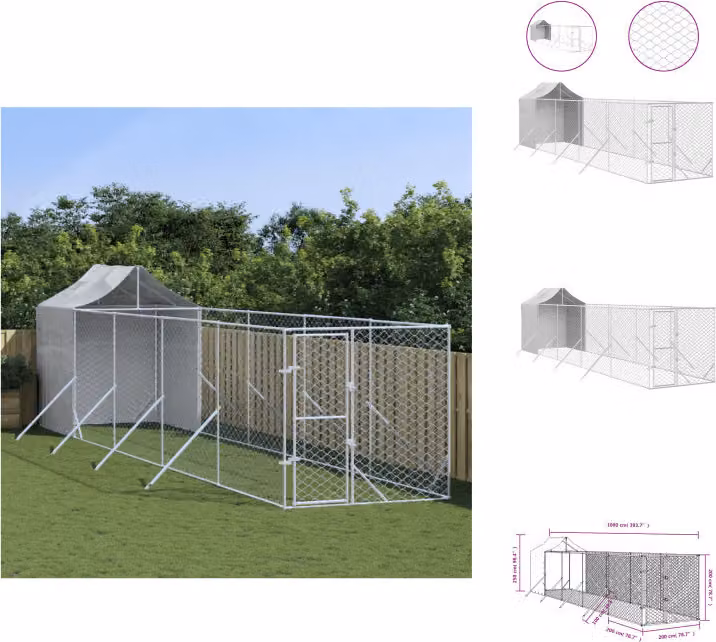 vidaXL Cuccia per cani da esterno con tetto argentato 2x10x2,5 m in acciaio zincato - Cucce e recinti per cani