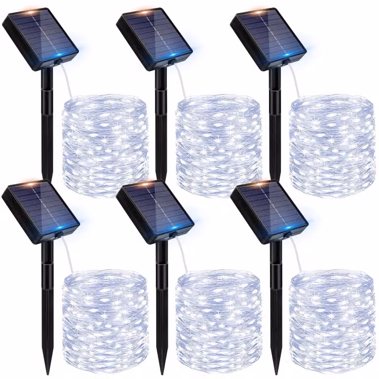 Catena luminosa solare, set da 6, 12 metri, 120 LED, grado di protezione IP65, 8 modalità, luce bianca fredda
