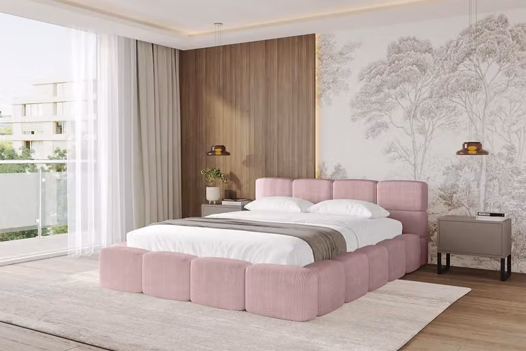 Letto imbottito ALTDECOR con contenitore - NATA-v1 - 180x200 Rosa - Letto Poso 145 con materasso H3/H4, testiera, letto a cassettone, letto matrimoniale con contenitore