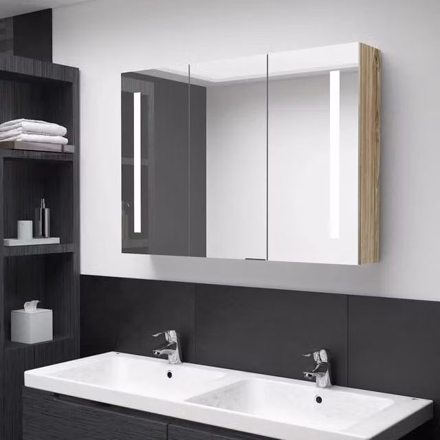 Armadietto da bagno con specchio e illuminazione LED vidaXL, colore marrone, L: 89 cm, P: 14 cm, H: 62 cm