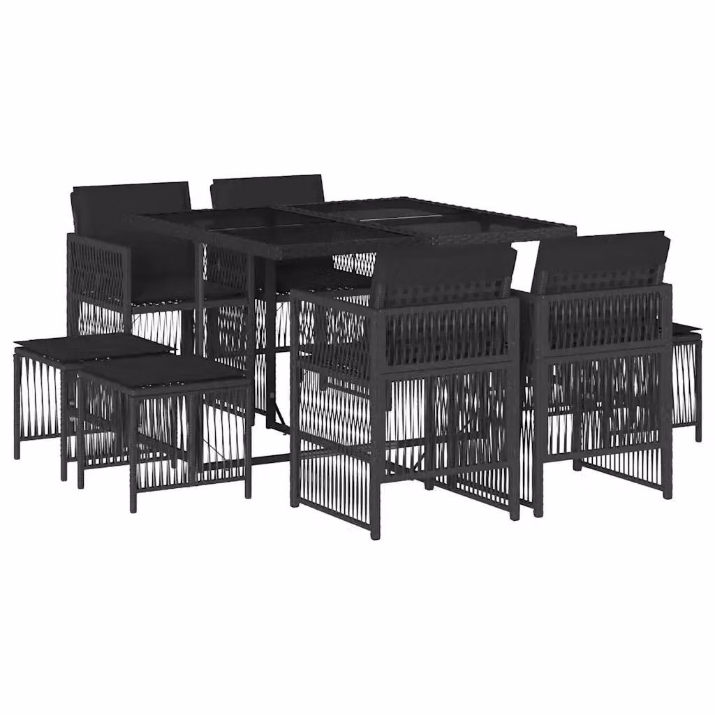 vidaXL Set da Pranzo da Giardino 9 pz in Polyrattan Nero con Cuscini e Tavolo in Vetro – 2