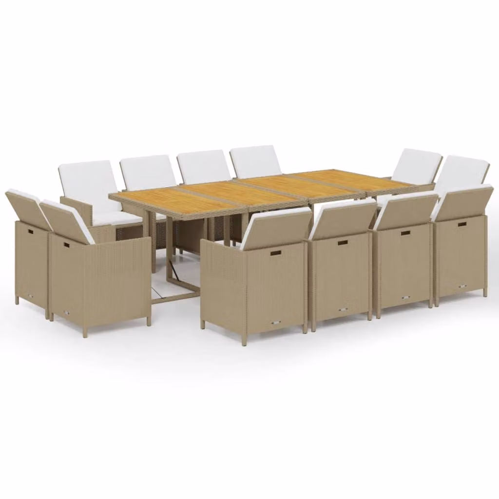 Set da Pranzo da Giardino 13 pz con Cuscini in Polyrattan Beige