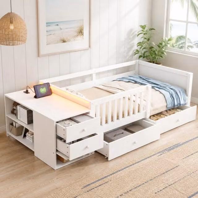 Letto a soppalco per bambini 90x200 cm con spazio contenitivo separato, scrivania, presa elettrica integrata, LED, cassetti doppi e sponda di sicurezza parzialmente aperta, bianco