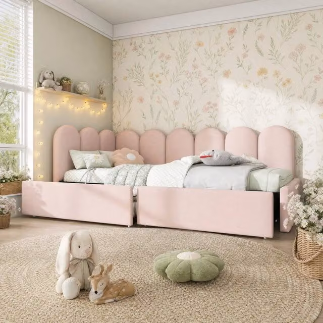 Letto singolo daybed in velluto rosa 90x200 cm con 2 cassetti e rete a doghe