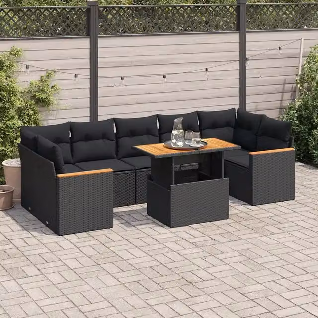 Set Divani da Giardino con Cuscini 8 pz Nero Polyrattan Acacia 3327457