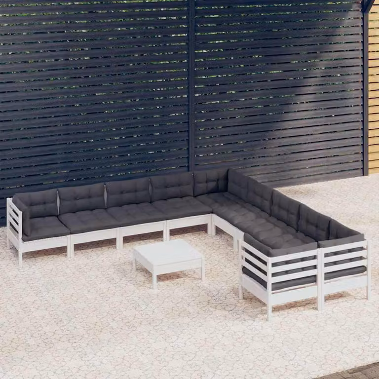 vidaXL Set Divani da Giardino a Forma di L in Legno di Pino con Cuscini Bianchi, 11 Pezzi