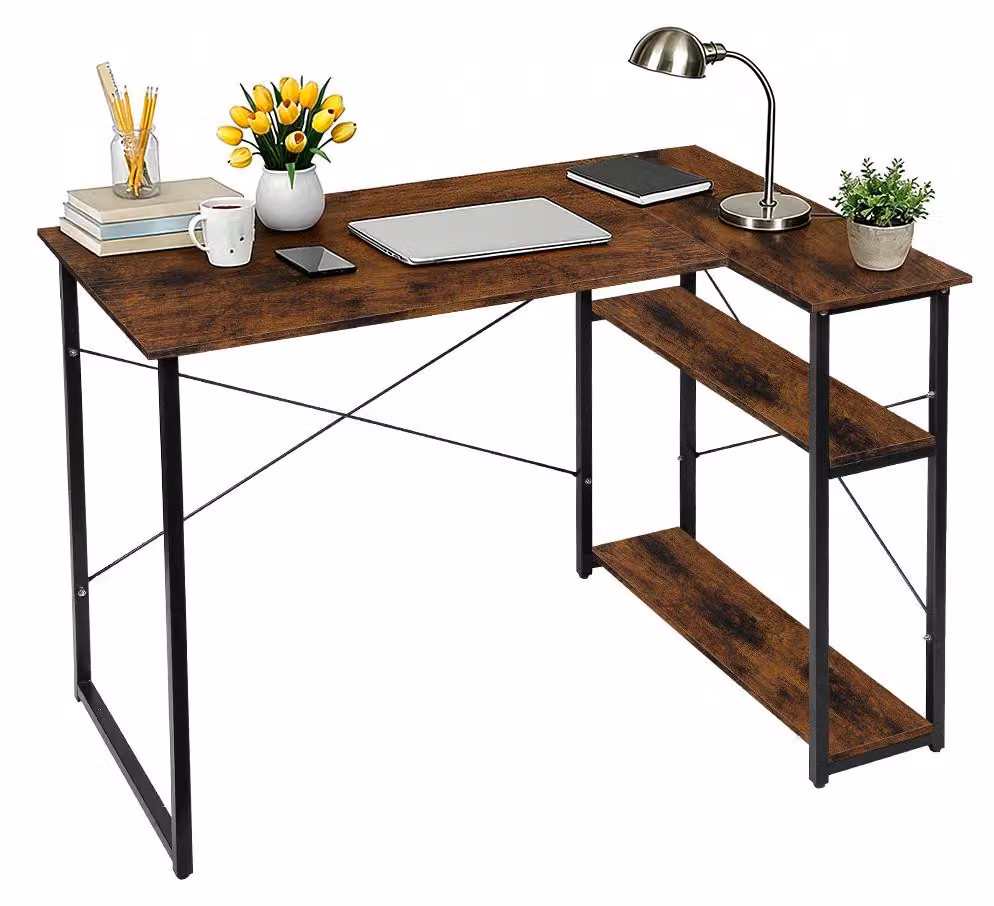 Scrivania con spazio contenitivo - Scrivania per computer - 2 ripiani ribaltabili - Struttura in metallo - Piano in legno - Per 2 persone - Colore retrò