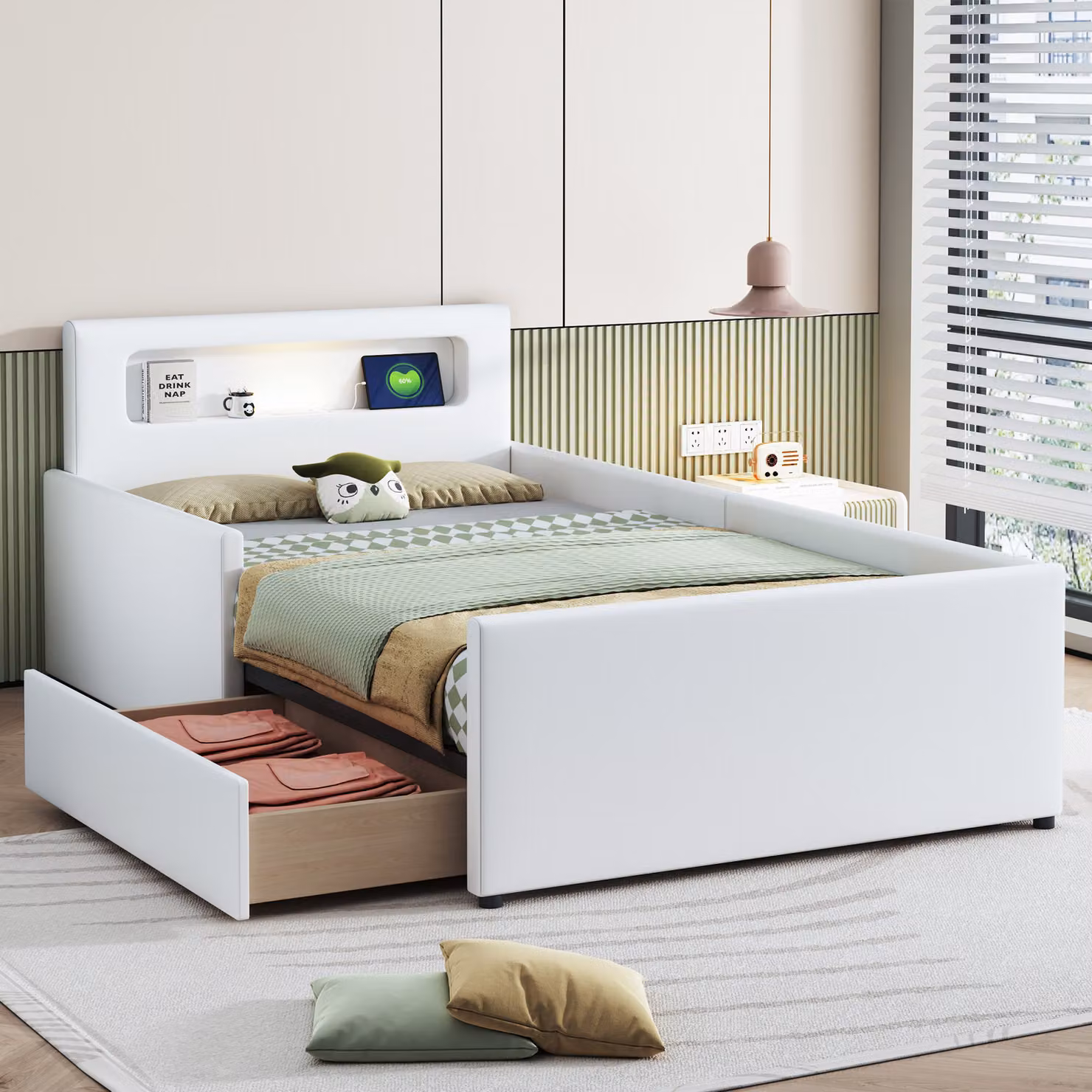 okwish Letto imbottito Letto per ragazzi 90×200 cm , Funzionale letto singolo con luce notturna, porta di ricarica USB e vani portaoggetti, Ecopelle, Bianco (Senza materasso)