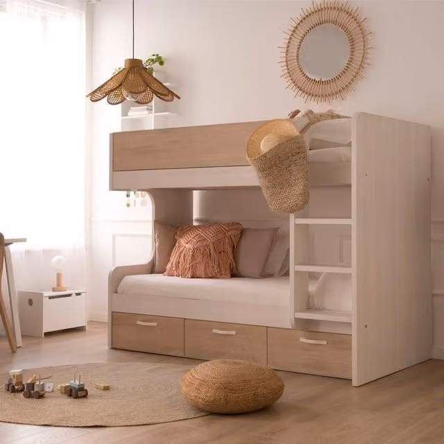 Letto a castello Hansel Banak con cassetti e scala a destra, disponibile in bianco, grigio o rosa, L/P/H: 90 x 190 cm