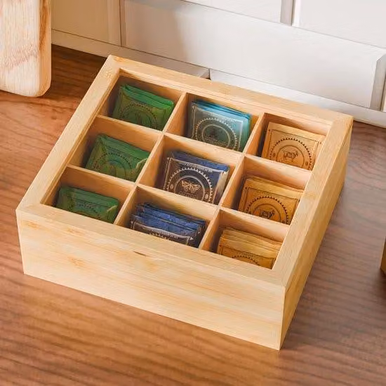 Cassettiera da salotto in legno a 9 scomparti, colore naturale, effetto legno