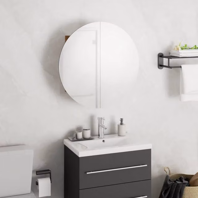 Armadio da bagno Design Mania con specchio rotondo LED e ripiani interni in finitura rovere, L: 40 cm, P: 17,5 cm, H: 40 cm