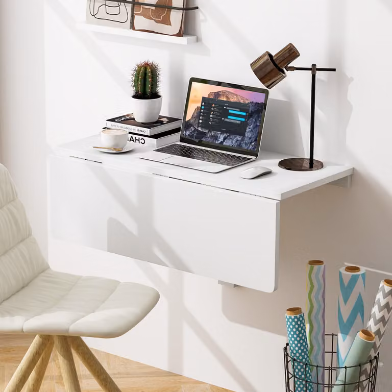 Set scrivania pieghevole da parete e sedia con ruote Costway, colore bianco, ideale per piccoli spazi e home office
