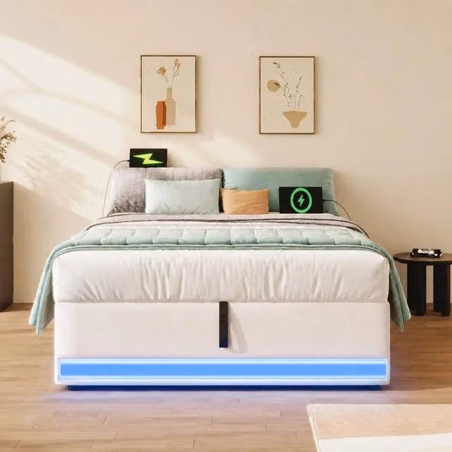 Letto imbottito ULEVR 90x200 cm con contenitore idraulico, LED multicolore, USB e Type-C, lino beige