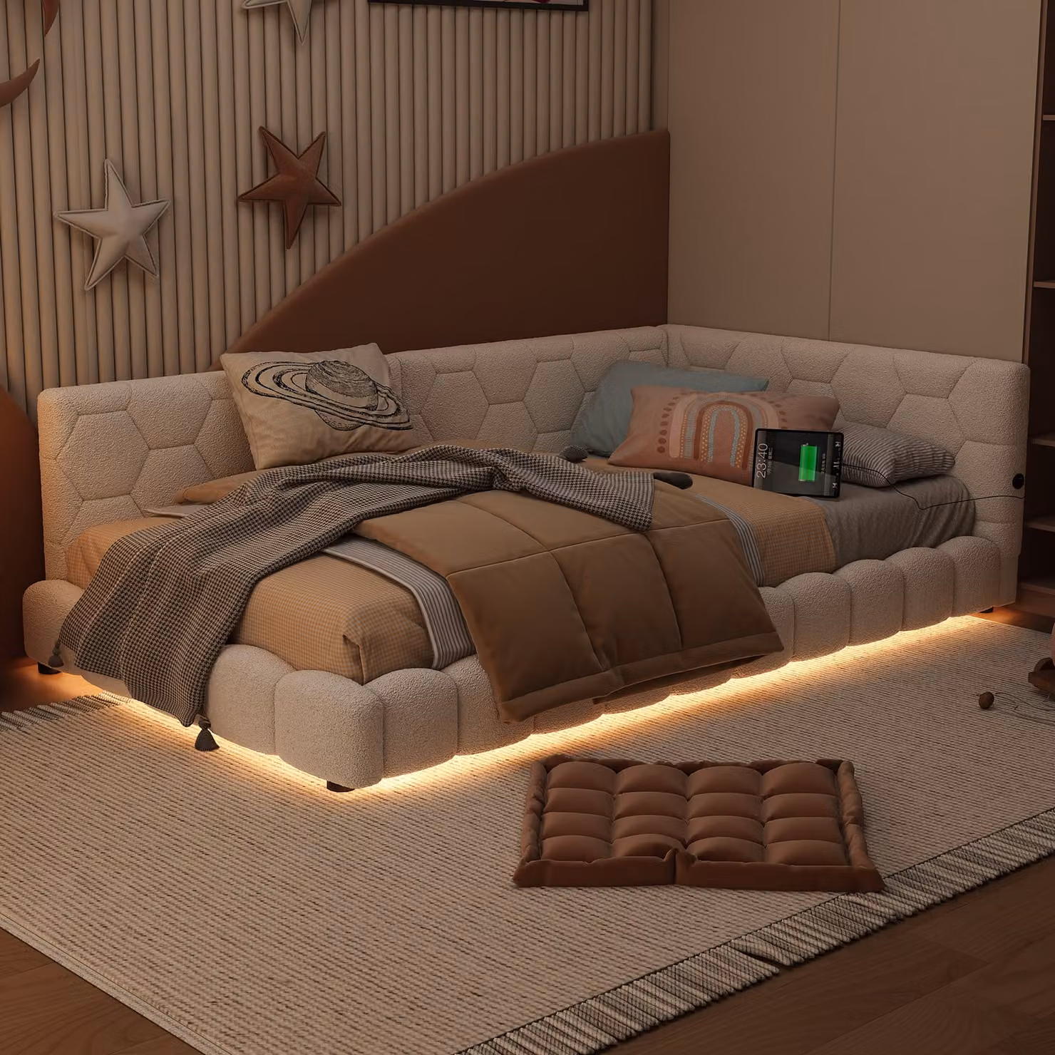 Letto imbottito Flieks 90x200cm con USB, divano letto con rete a doghe, letto per giovani con LED, letto per ospiti, divano letto singolo, velluto, bianco