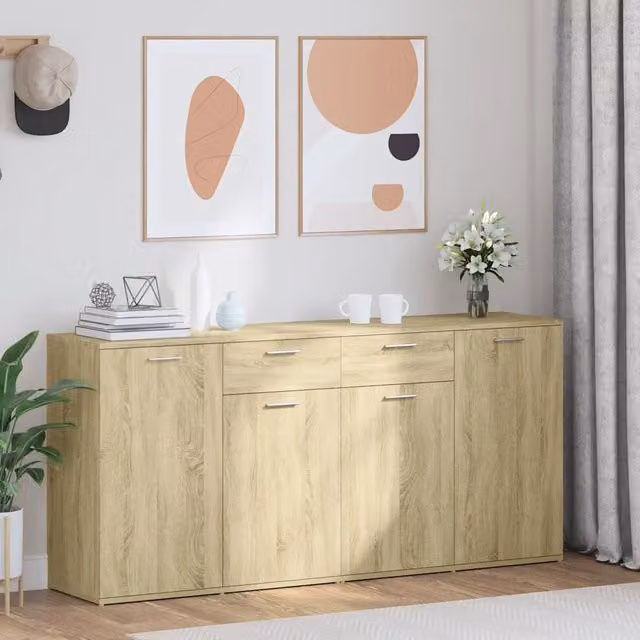 Credenza moderna vidaXL in legno color rovere, beige e marrone, L: 160 cm, P: 36 cm, H: 75 cm – 1