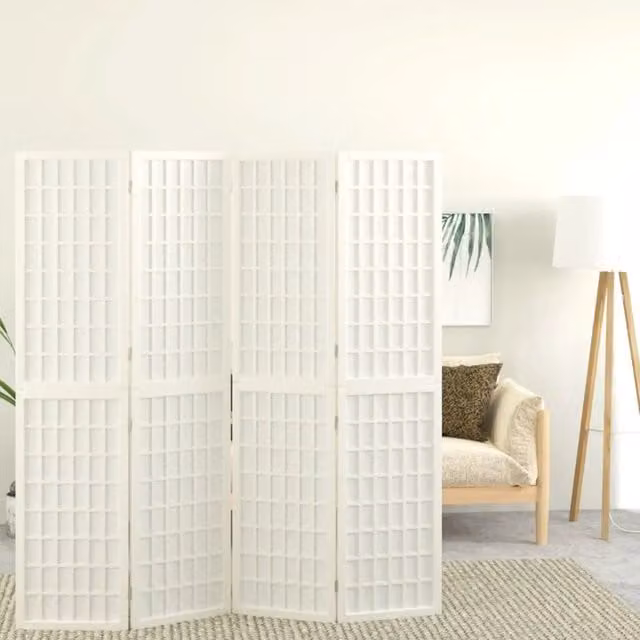 Paravento Pieghevole a 4 Pannelli in Stile Giapponese Bianco con Struttura in Legno e Carta, H 170 cm x L 160 cm