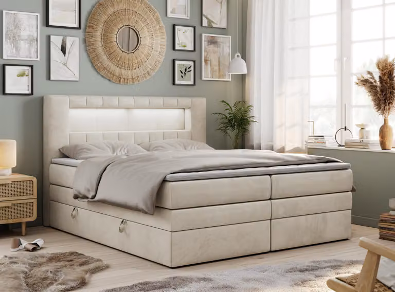 Letto boxspring con testiera LED e topper - GOLD-5-KING - 180x200 cm - Beige - Rigido (H4)