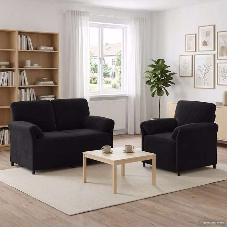 Set di 2 divani moderni vidaXL in velluto nero con struttura in metallo e cuscini inclusi