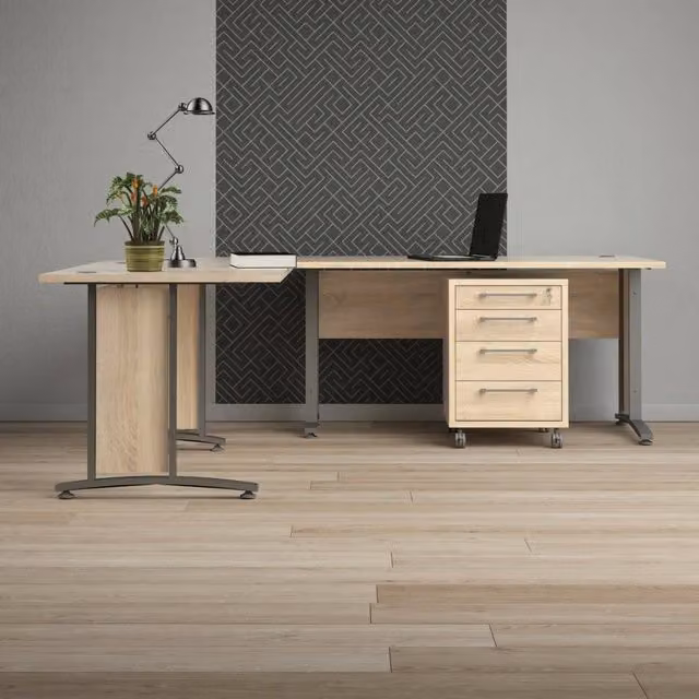 Scrivania Megh DMORA moderna per ufficio e casa, tavolo porta PC rettangolare in legno, Grigio e Quercia, L: 200 cm, P: 200 cm, H: 74,5 cm