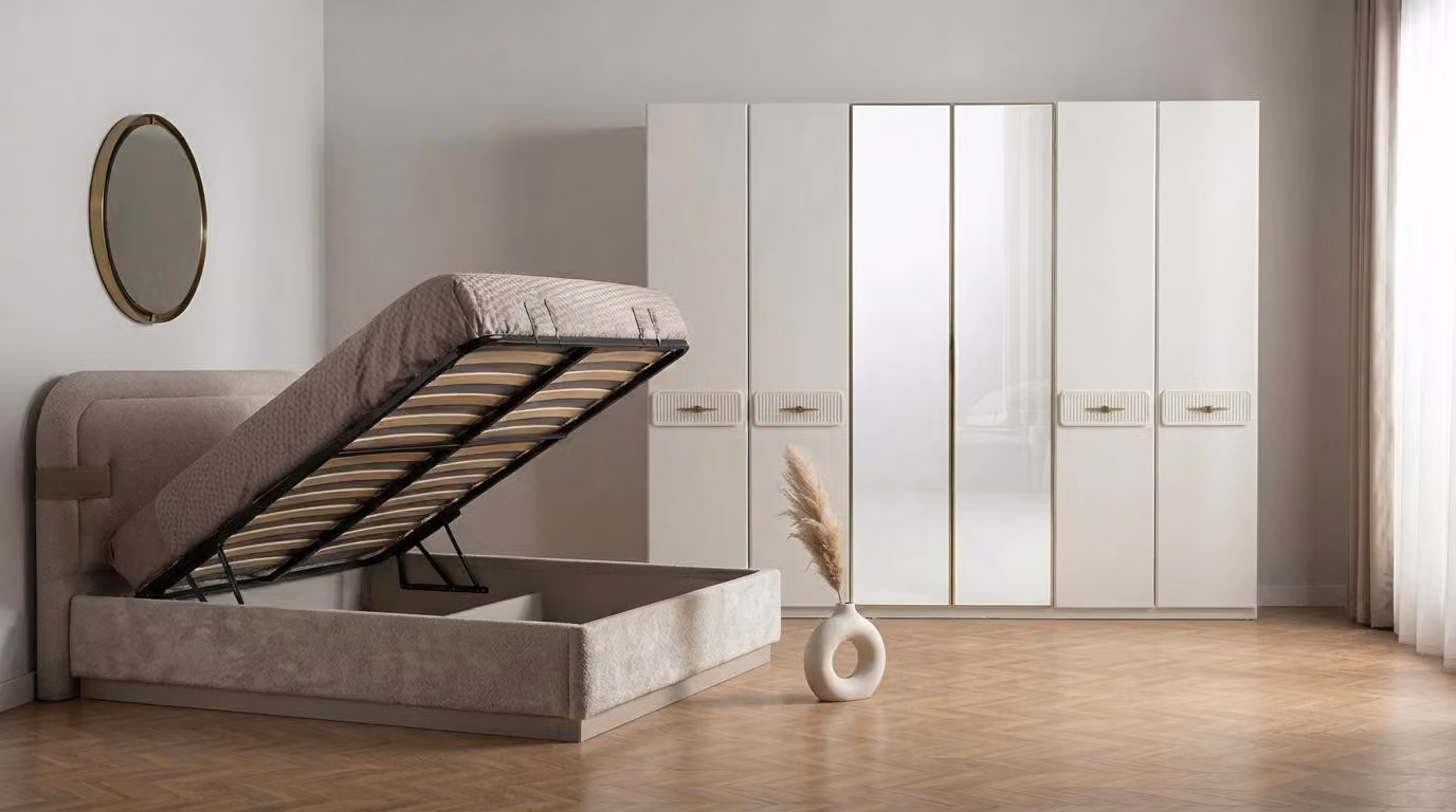 Letto moderno, armadio beige, set con letto matrimoniale e armadio
