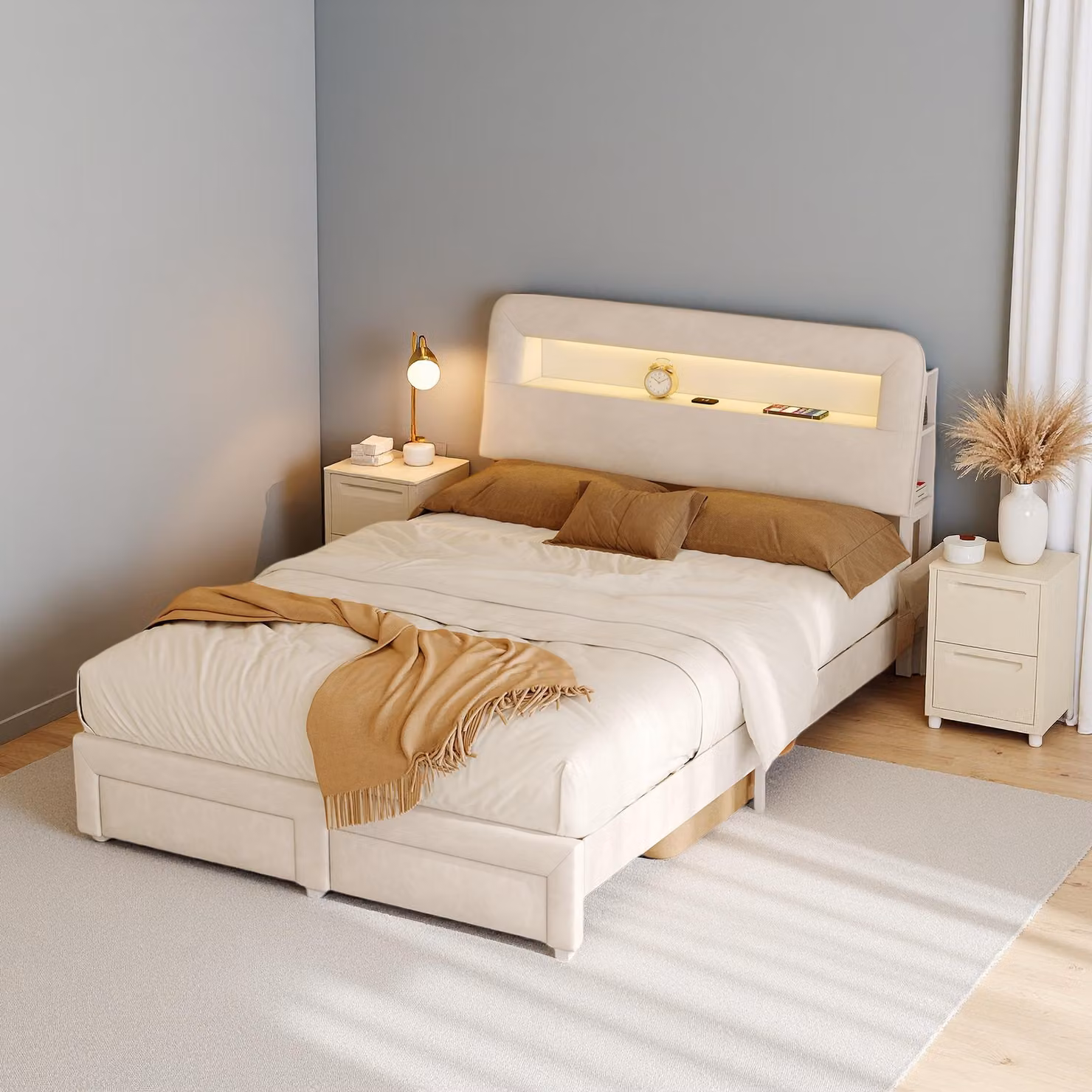 Letto imbottito ProximaX 160x200 cm con illuminazione a LED e 2 cassetti – Testiera in velluto con ripiano e ricarica USB, letto con contenitore per camera da letto, beige