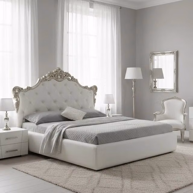 Letto matrimoniale Savoia imbottito con contenitore in ecopelle bianco e argento L/P/H: 160 x 200 x 140 cm – 1