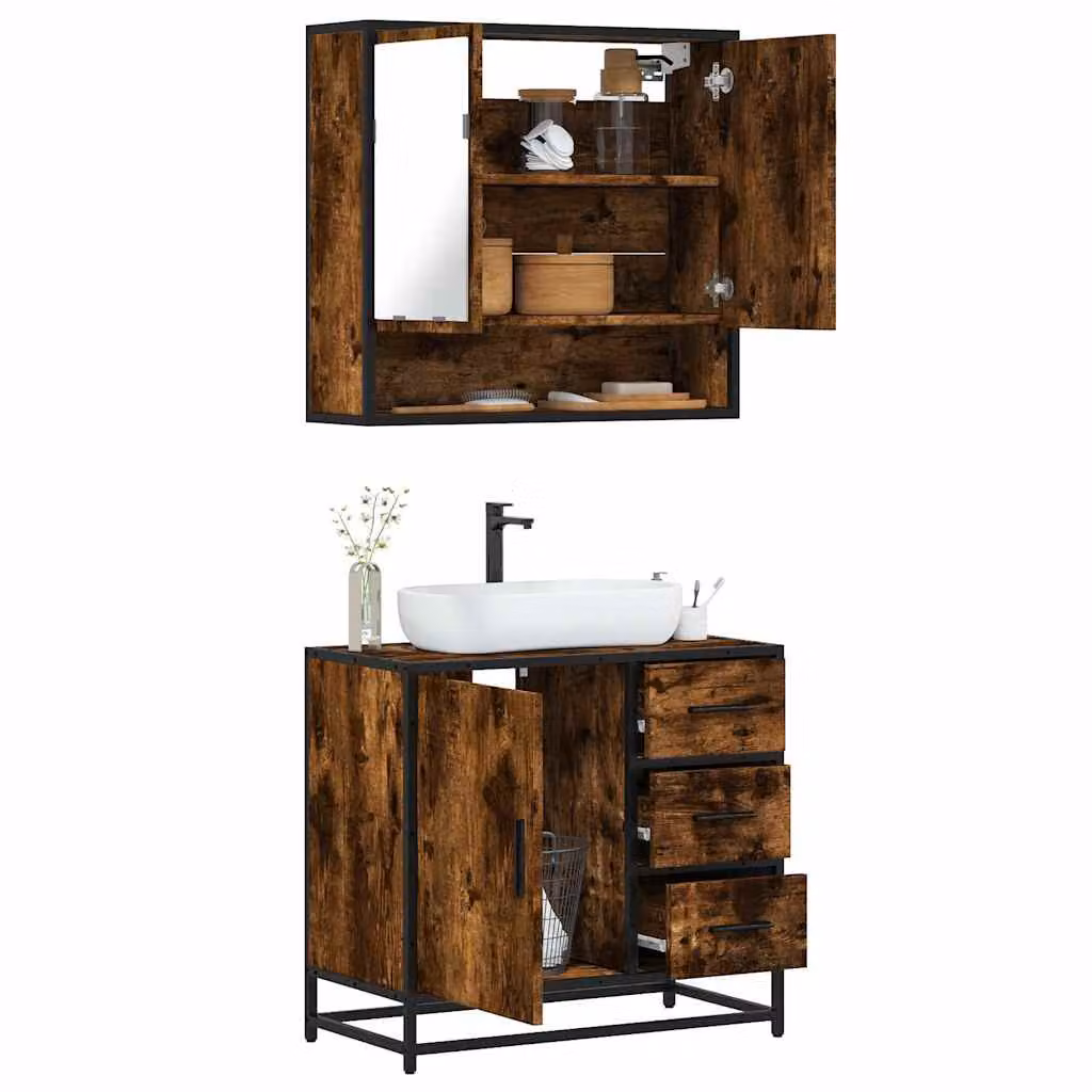 Set Mobili da Bagno vidaXL 2 Pezzi in Stile Industrial con Mobile Lavabo e Armadietto Specchio in Legno e Metallo, Colore Marrone