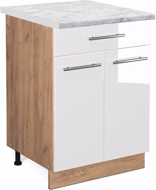 Mobiletto base per cucina Vicco Fame-Line Bianco lucido e Rovere, L: 60 cm, H: 82 cm, P: 32,5 cm – 1