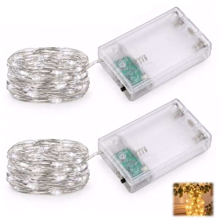 Set di 2 catene luminose, lunghezza 5 metri, luce bianco caldo, 50 LED, filo di rame, 2 modalità