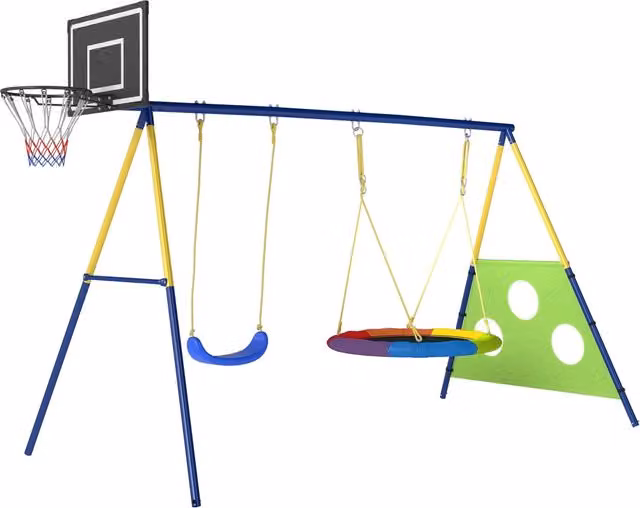 Set Altalena da Giardino 4 in 1 per Bambini 3-8 Anni con 2 Altalene Canestro e Porta da Calcio Multicolore