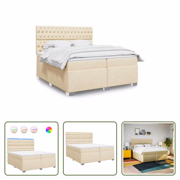 The Living Store Letto a molle con materasso crema 200x200 cm in tessuto
