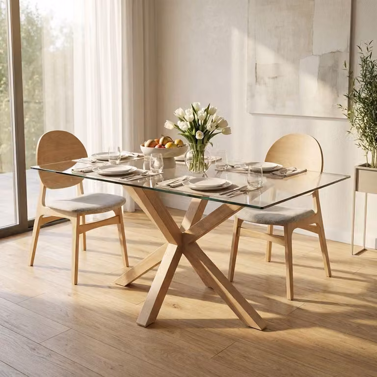 Milani Home - tavolo da pranzo fisso 160 x 90 x 75 cm, quercia chiaro, piano in vetro e base in metallo