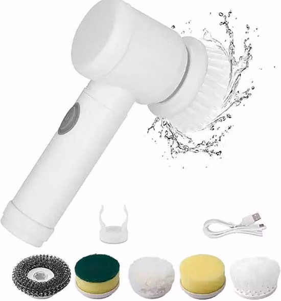 Spazzola elettrica multiuso 5 in 1, spazzola per la pulizia manuale con 5 testine intercambiabili, ricaricabile tramite USB, portatile, fa risparmiare tempo, ideale per pareti, piastrelle, pavimenti e vasche da bagno