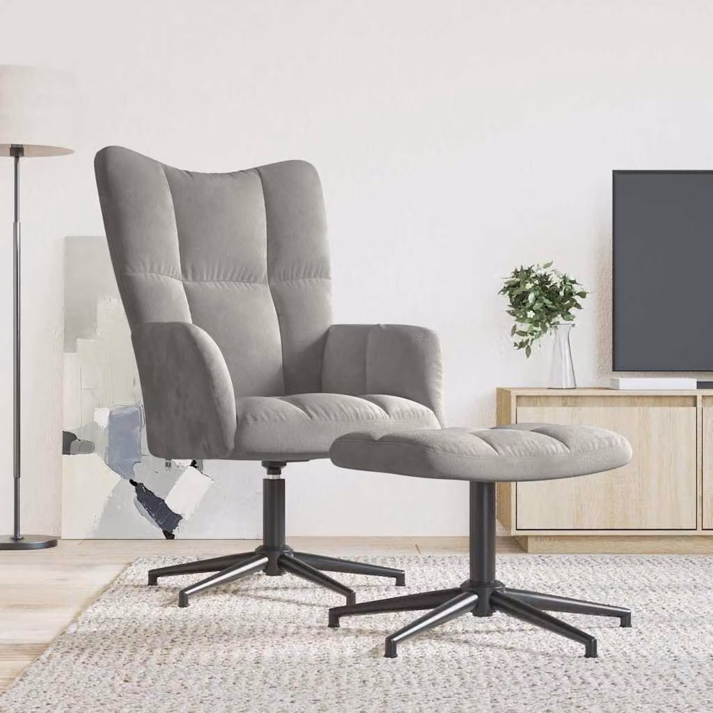 vidaXL Poltrona Relax con Poggiapiedi Grigio Chiaro in Velluto con Struttura in Metallo e Sedia Girevole 360 Gradi – 1