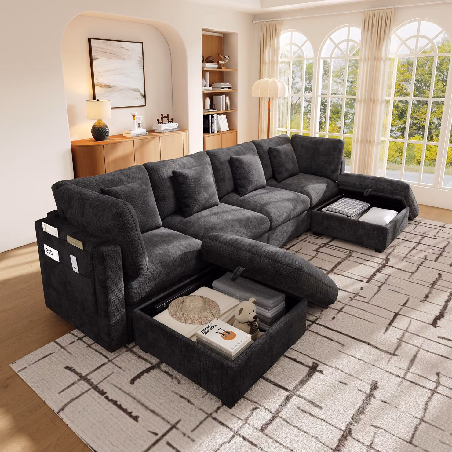 Divano angolare a forma di U, 6 posti, modulare, a forma di L, in velluto, con 2 poggiapiedi, spazio contenitivo, 4 cuscini, tasche laterali integrate nei braccioli, colore grigio