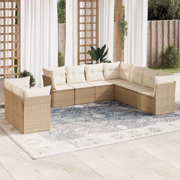 vidaXL Set Divano da Giardino a L 9 pz in Polyrattan con Cuscini Beige e Struttura in Metallo