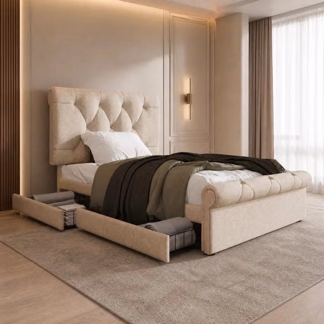 Letto singolo imbottito REDOM beige con 2 cassetti e testiera regolabile L/P/H: 90 x 200 cm – 1