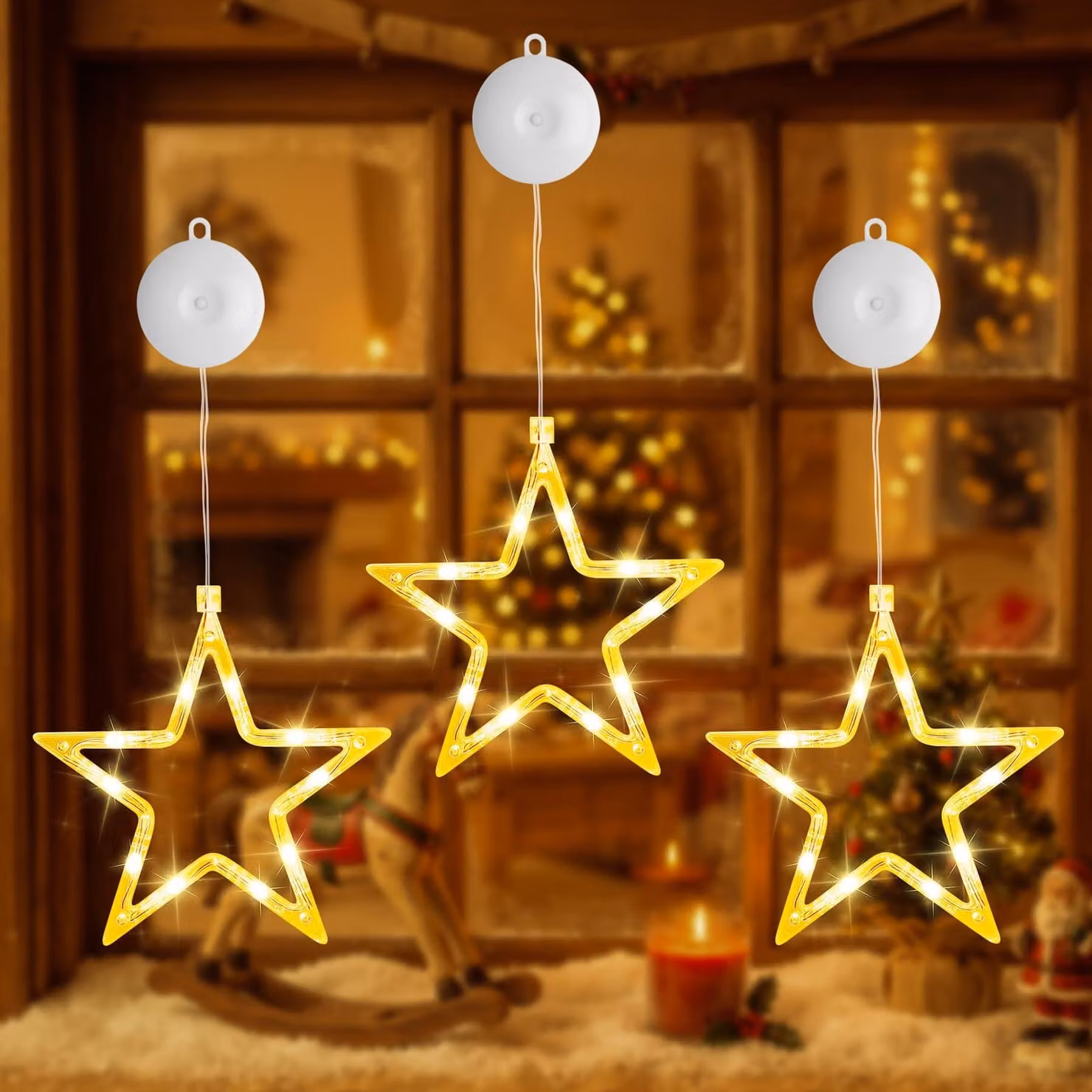 Set di 3 stelle a LED, luce bianco caldo, 10 LED per stella, con timer, per finestre