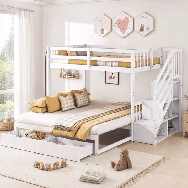 Letto a castello 90x200 cm con letto estraibile e 2 cassetti; bianco