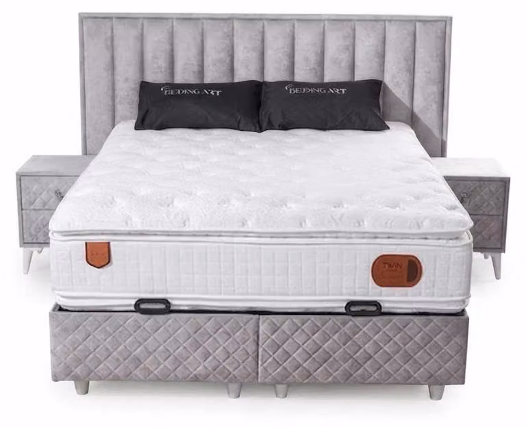 Letto imbottito grigio, set da 3 pezzi, completo di comodini, realizzato in tessuto e legno, design moderno