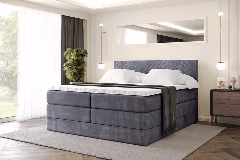 Letto boxspring ALTDECOR con materasso e rete a doghe, topper, letto imbottito con contenitore, letto con vano portaoggetti, materassi H3 e H4, letto matrimoniale, letto boxspring -VEXA KING- 120x200 - Grigio scuro Casablanca