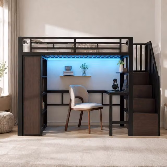 Letto a soppalco 90x200 cm in ferro con scrivania, mensola e illuminazione LED, nero