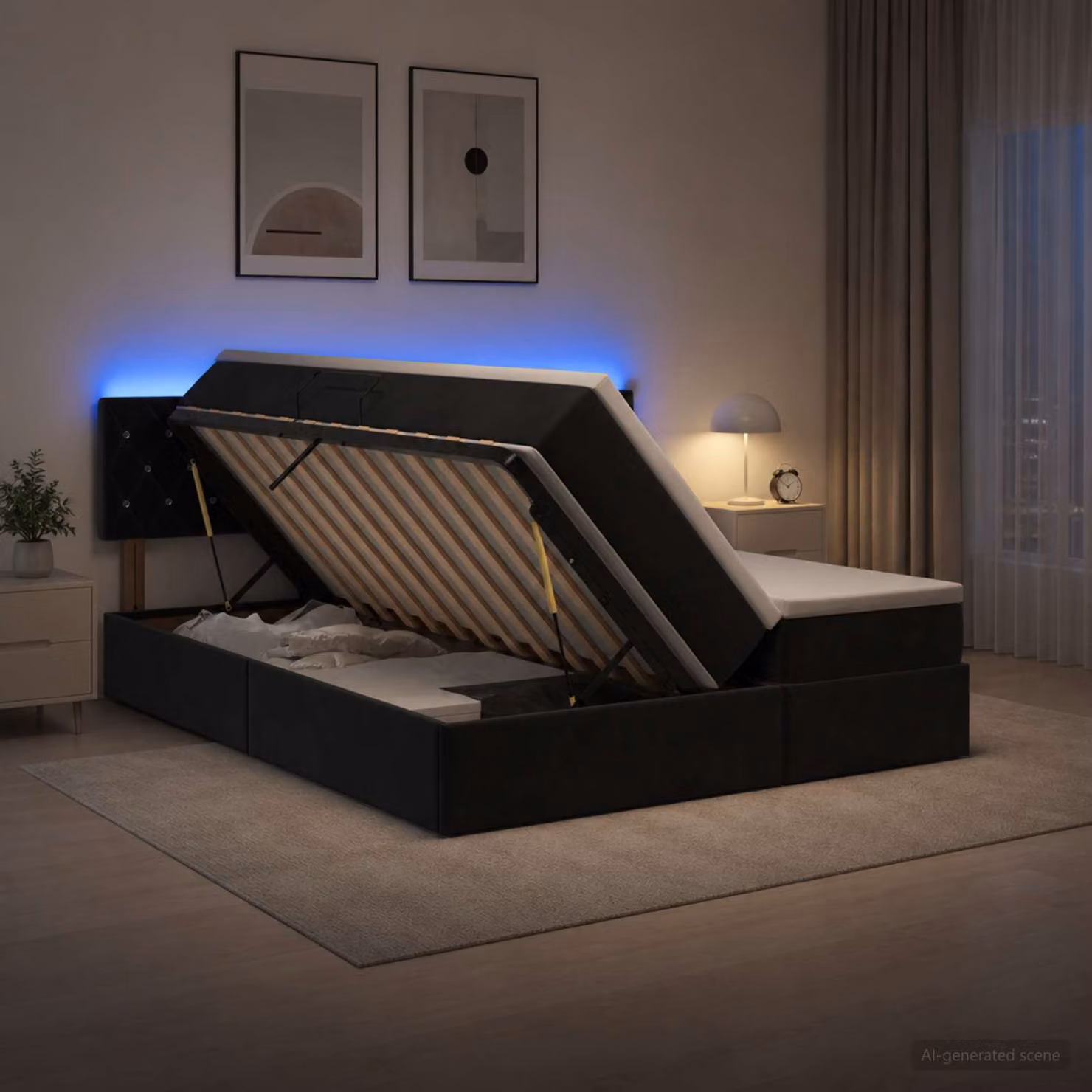 Letto con contenitore e materasso vidaXL in velluto nero con illuminazione LED e porte USB, L/P/H: 180 x 200 x 140 cm