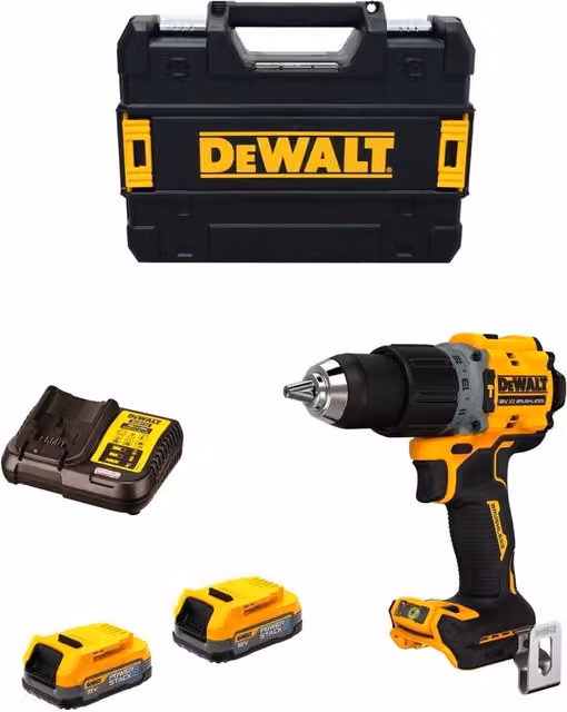 Trapano a percussione DeWALT DCD805E2T giallo con 2 batterie Powerstack da 1,7 Ah, caricabatterie DCB112 e sistema TSTAK II