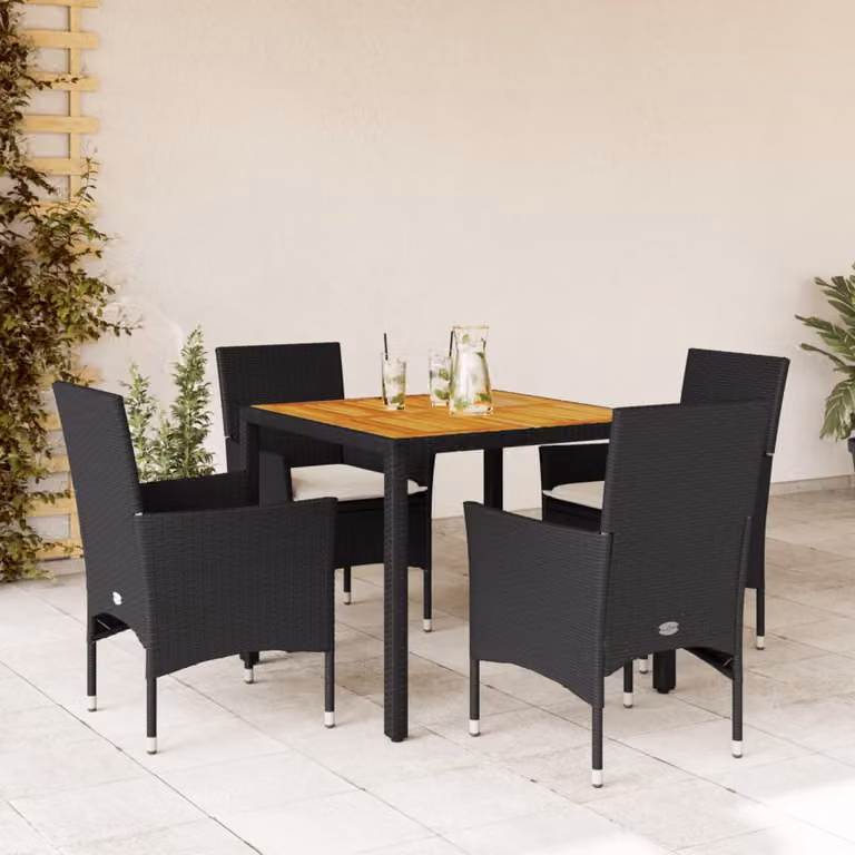Set da pranzo da giardino vidaXL in polyrattan e legno di acacia nero con cuscini beige, 5 pezzi