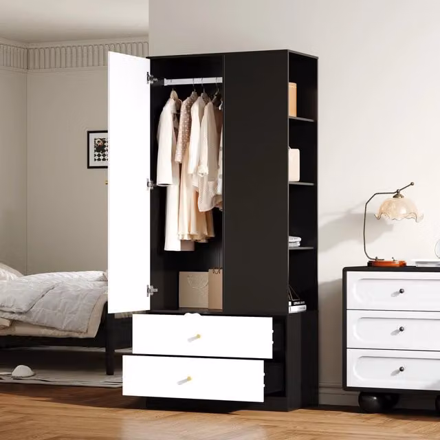 Armadio con specchio e ante ¨C Minimal ¨C Bianco e nero, 80x40x180 cm, 2 cassetti, 4 ripiani, per camera