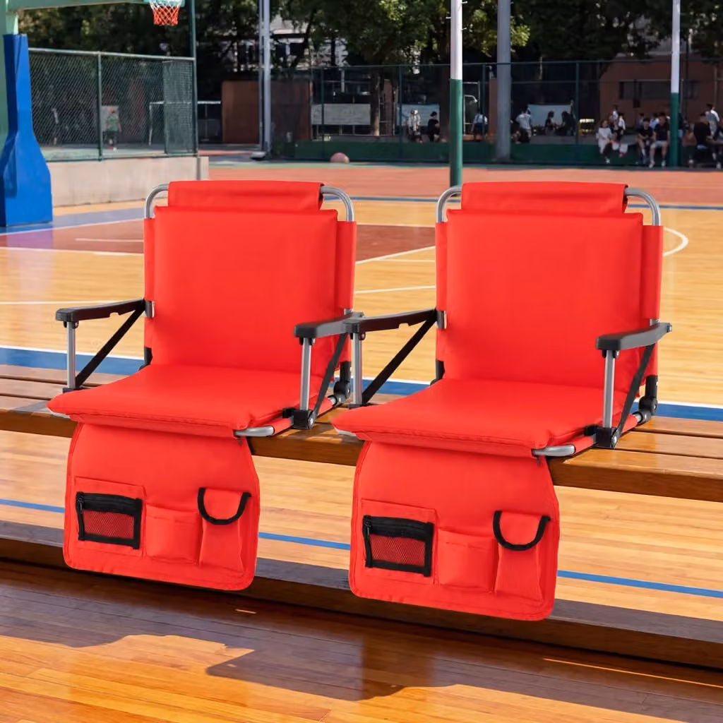 Set di 2 sedie pieghevoli da stadio con tasche portaoggetti e portabicchieri, sedute portatili con struttura in metallo e tessuto resistente, colore Rosso – 2