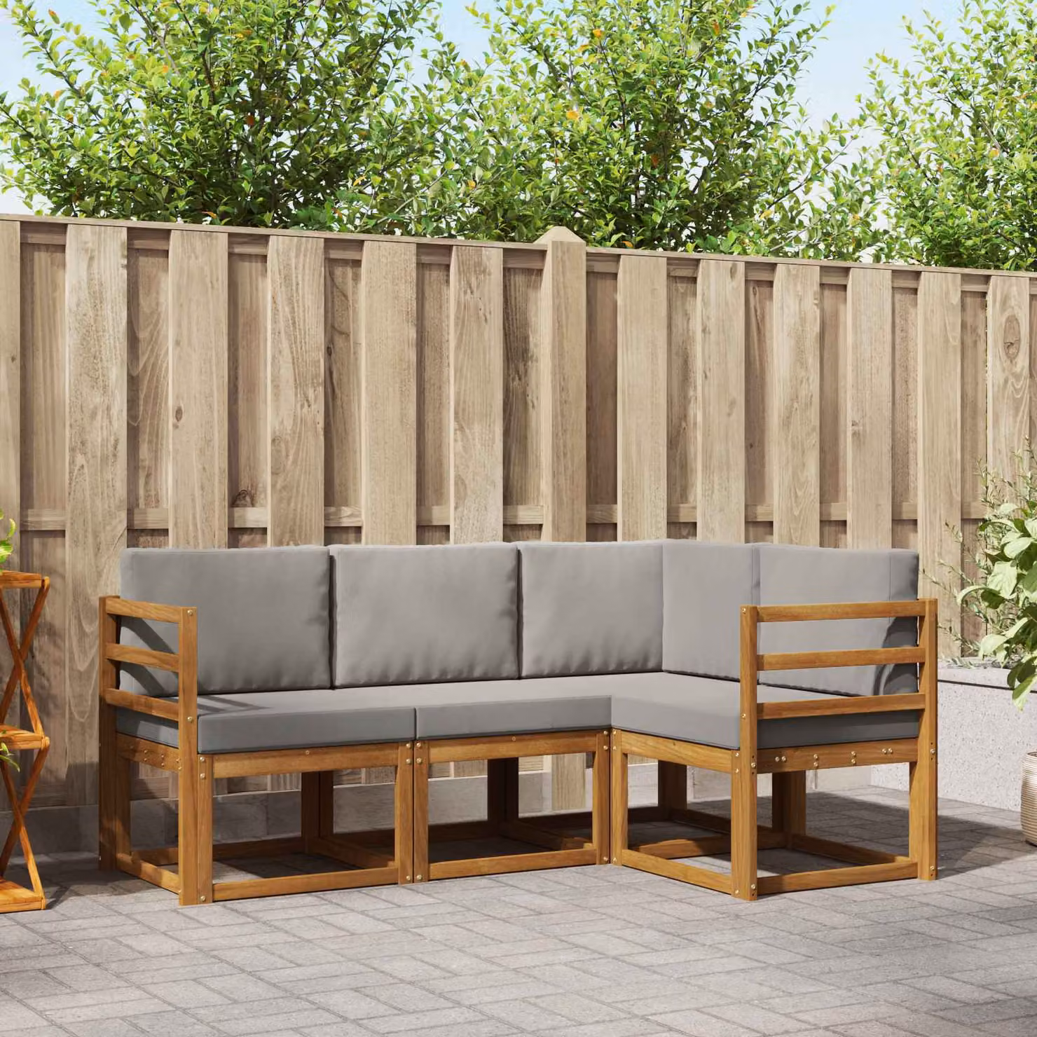 Set di divani da esterno vidaXL 4 pz in legno di acacia con cuscini, design moderno a L, colore grigio e marrone