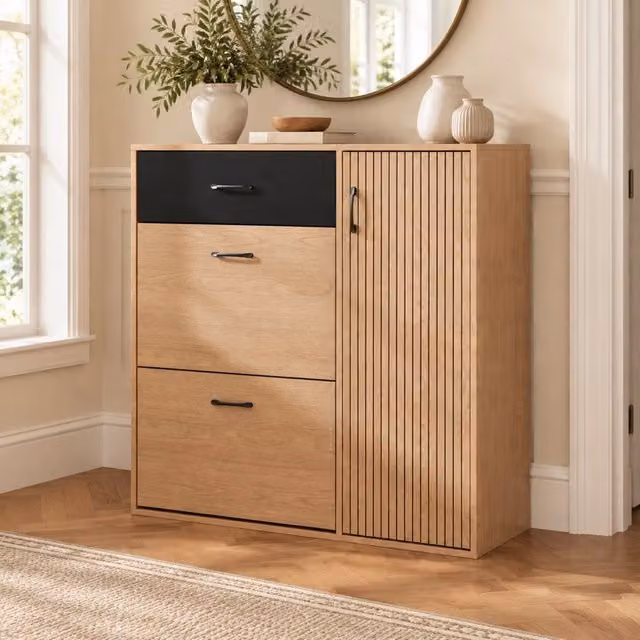 Mobile portascarpe 100x35x106 cm in MDF naturale e nero salvaspazio per ingresso –
